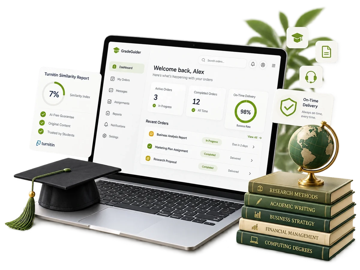 GradeGuider student dashboard shown on a laptop, with academic textbooks, a graduation cap and a globe